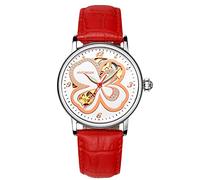 RORIOS Automatic Mechanical Watch for Women Luminous Simulated Diamond Skeleton Ladies Watches, Red Clover B, Strap