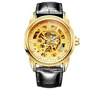 RORIOS Elegant Automatic Watch Men's Mechanical Wristwatch Stainless Steel Self-Winding Wrist Watch Diamond Skeleton Watch with Leather Strap for Men Gold B