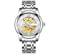 RORIOS Fashion Automatic Watch Men's Mechanical Wristwatch Minimalist Self-Winding Wrist Watch Luminous Skeleton Watch with Stainless Steel Strap for Men Silver C