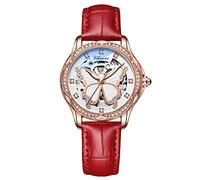 RORIOS Fashion Women’s Watches Luminous Skeleton Watches Automatic Mechanical Watch with Leather Strap Diamond-Accented Ladies Wristwatch