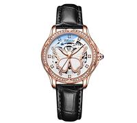 RORIOS Fashion Women’s Watches Luminous Skeleton Watches Automatic Mechanical Watch with Leather Strap Diamond-Accented Ladies Wristwatch