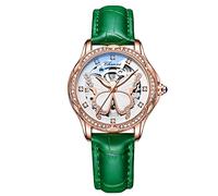 RORIOS Fashion Women’s Watches Luminous Skeleton Watches Automatic Mechanical Watch with Leather Strap Diamond-Accented Ladies Wristwatch