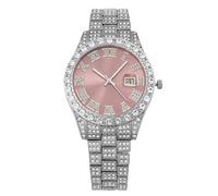 RORIOS Iced Out Women's Quartz Watch Bling Diamond Ladies Wristwatch with Roman Numeral Dial Date Function Crystal Watches for Daily Wear Party Pink