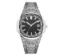 RORIOS Islamic Calligraphy Watch for Men Stainless Steel Band Date Display & Ornate Engraved Dial Religious Fashion Dress Watches Black Silver