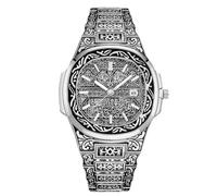 RORIOS Islamic Calligraphy Watch for Men Stainless Steel Band Date Display & Ornate Engraved Dial Religious Fashion Dress Watches Silver