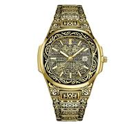 RORIOS Islamic Calligraphy Watch for Men Stainless Steel Band Date Display & Ornate Engraved Dial Religious Fashion Dress Watches Gold