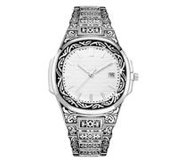 RORIOS Islamic Calligraphy Watch for Men Stainless Steel Band Date Display & Ornate Engraved Dial Religious Fashion Dress Watches White Silver