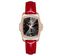 RORIOS Ladies Rectangle Wristwatch Vintage Elegant Wristwatch Analogue Quartz Watches Simple Diamond Watch with Leather Strap for Women Red Black