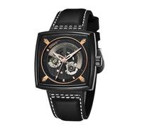 RORIOS Mechanical Watch for Mens Square Automatic Luminous Wristwatch Waterproof Watches with Big Face Dial & Leather Strap Band Black