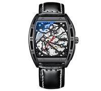 RORIOS Men's Automatic Mechanical Watch Luminous Watch with Leather Strap Skeleton Barrel Wrist Watch, Black, 240MM, Modern