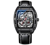 RORIOS Men's Automatic Mechanical Watch Skeleton Wrist Watches Luminous Watch with Leather Strap Tonneau Self-Wind Watch