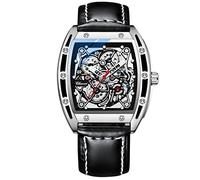 RORIOS Men's Automatic Mechanical Watch Skeleton Wrist Watches Luminous Watch with Leather Strap Tonneau Self-Wind Watch