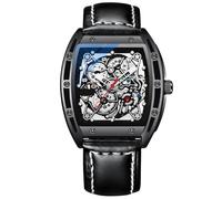 RORIOS Men's Automatic Mechanical Watch Skeleton Wrist Watches Luminous Watch with Leather Strap Tonneau Self-Wind Watch