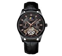 RORIOS Men's Automatic Tourbillon Skeleton Watch - Waterproof Self Winding Moon Phase Watch with Luminous Hands - Leather Strap in Black Rose Gold