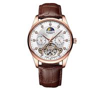 RORIOS Men's Automatic Tourbillon Watch Diamond Skeleton Watch Waterproof Self Winding Wrist Watch Luminous Moon Phase Watch Leather Strap Brown White A