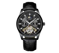 RORIOS Men's Automatic Tourbillon Watch Diamond Skeleton Watch Waterproof Self Winding Wrist Watch Luminous Moon Phase Watch Leather Strap Black White A