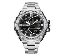 rorios Men's Electronic Dual Display Watch 5ATM Waterproof Watch Digital Analogue Quartz Watches Multifunctional Military Men's Watches Stainless Steel Strap, Black Silver B, L, Bracelet