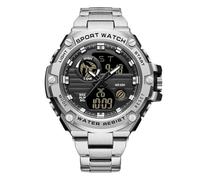 RORIOS Men's Electronic Dual Display Wrist Watch 5ATM Waterproof Digital Watch Quartz Watch Multifunction Military Stainless Steel Bracelet, Black Silver C, L, Bracelet