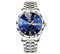 RORIOS Men's Elegant Quartz Watch Classic Stainless Steel Wrist Watch Diamond Waterproof Wristwatch Multifunctional Business Watch Gold Blue A