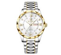 RORIOS Men's Elegant Quartz Watch Classic Stainless Steel Wrist Watch Diamond Waterproof Wristwatch Multifunctional Business Watch Gold White B