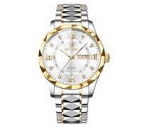 RORIOS Men's Elegant Quartz Watch Classic Stainless Steel Wrist Watch Diamond Waterproof Wristwatch Multifunctional Business Watch Gold White A