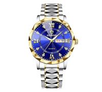 RORIOS Men's Elegant Quartz Watch Classic Stainless Steel Wrist Watch Diamond Waterproof Wristwatch Multifunctional Business Watch Gold Blue B