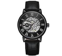 RORIOS Men's Mechanical Skeleton Automatic Watch, Black Leather Strap, Roman Numeral Dial, 42MM, 3ATM Waterproof, Glow In The Dark