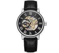 RORIOS Men's Mechanical Skeleton Automatic Watch with Leather Strap, Self-Winding, Luminous, 42MM Dial, Black Face, Black Leather Band, 3ATM Waterproof, Crystal Case, Crystal Dial Window, AA-UT012