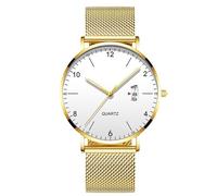 RORIOS Men's Minimalist Ultra Thin Quartz Watch with Date Function Stainless Steel Mesh Band Casual Dress Wristwatch for Business Daily Wear Golden A