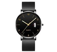 RORIOS Men's Minimalist Ultra Thin Quartz Watch with Date Function Stainless Steel Mesh Band Casual Dress Wristwatch for Business Daily Wear Black A