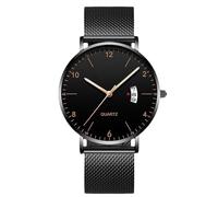 RORIOS Men's Minimalist Ultra Thin Quartz Watch with Date Function Stainless Steel Mesh Band Casual Dress Wristwatch for Business Daily Wear Black B