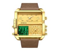 RORIOS Men's Multifunctional Digital Watch Fashion Square Quartz Wrist Watch Large Dial Electronic Analog Display Wristwatch with Alarm Chronograph Brown Gold