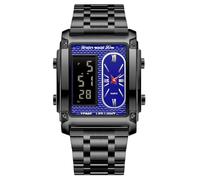 RORIOS Men's Multifunctional Electronic Watch Business Rectangular Quartz Wrist Watch Digital Analog Display Wristwatch with Alarm Chronograph Black Blue A