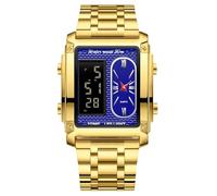 RORIOS Men's Multifunctional Electronic Watch Business Rectangular Quartz Wrist Watch Digital Analog Display Wristwatch with Alarm Chronograph Gold Blue A