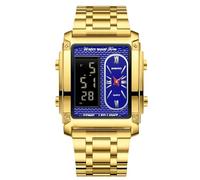 RORIOS Men's Multifunctional Electronic Watch Business Rectangular Quartz Wrist Watch Digital Analog Display Wristwatch with Alarm Chronograph Gold Blue A