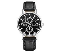 RORIOS Men's Quartz Watch with Three Sub-dials Casual Leather Strap Wristwatch Fashionable Analog Watches for Daily Wear Black