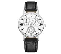 RORIOS Men's Quartz Watch with Three Sub-dials Casual Leather Strap Wristwatch Fashionable Analog Watches for Daily Wear White and Black