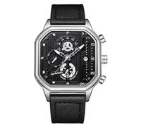 RORIOS Men's Quartz Wristwatch Fashion Square Watch Luminous Analogue Wrist Watch Multifunctional Chronograph Watch Stainless Steel Leather Strap Watch Black Silver A