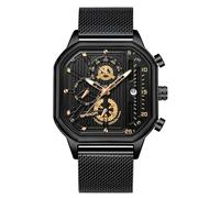 RORIOS Men's Quartz Wristwatch Fashion Square Watch Luminous Analogue Wrist Watch Multifunctional Chronograph Watch Stainless Steel Mesh Strap Watch Gold B