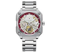 RORIOS Men's Self-Winding Wrist Watch Automatic Mechanical Wristwatch Minimalist Skeleton Watch Casual Fashion Watch for Men with Stainless Steel Strap White Red A