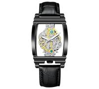 RORIOS Men's Skeleton Rectangular Wristwatch Business Analogue Quartz Wrist Watch for Men Stainless Steel Luminous Watches with Leather Strap Black B