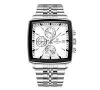 RORIOS Men's Square Watch Analogue Quartz Wrist Watch Multifunctional Business Wristwatch Simple Luminous Watch for Men with Stainless Steel Strap White B