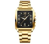 RORIOS Men's Square Watch Waterproof Quartz Wrist Watch Simple Vintage Wristwatch Elegant Diamond Watch Date Calendar Luminous with Stainless Steel Strap Black Gold A