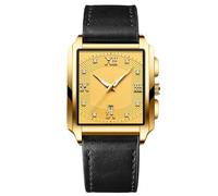 RORIOS Men's Square Watch Waterproof Quartz Wrist Watch Simple Vintage Wristwatch Elegant Diamond Watch Date Calendar Luminous with Leather Strap Gold Black B