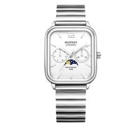 RORIOS Mens Watch Analog Quartz Dual Calendar Wristwatches Simple Business Dress Waterproof Watches with Stainless Steel & Rectangle Dial White