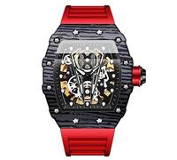 RORIOS Men's Watch Tonneau Punk Watch Automatic Mechanical Watch Self-Wind Silicone Watch for Men Fashion Sport Wristwatch Waterproof Luminous Watch Red Black A