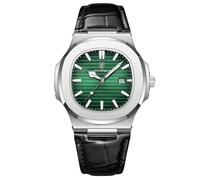RORIOS Minimalist Wristwatch for Men Analogue Quartz Wrist Watch Date Calendar Luminous Watch Casual Stainless Steel Watch with Leather Strap Silver Green
