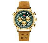RORIOS Multifunctional Watches for Men Aeronautical Flight Chronograph Wristwatch Simple Quartz Wrist Watch Casual Stainless Steel with Leather Strap Green Gold