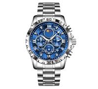 RORIOS Multifunctional Watches for Men Elegant Diamond Wristwatch Analogue Quartz Wrist Watch Stainless Steel Chronograph Watch Men's Fashion Watch Silver Blue