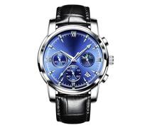 RORIOS Multifunctional Wristwatch for Men Vintage Analogue Quartz Wrist Watch Chronograph Moon Phase Watch Casual Stainless Steel Watches Blue B